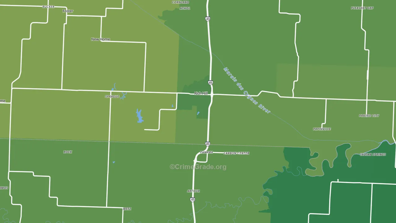 Rich Hill, MO Map of Vehicle Theft Rates