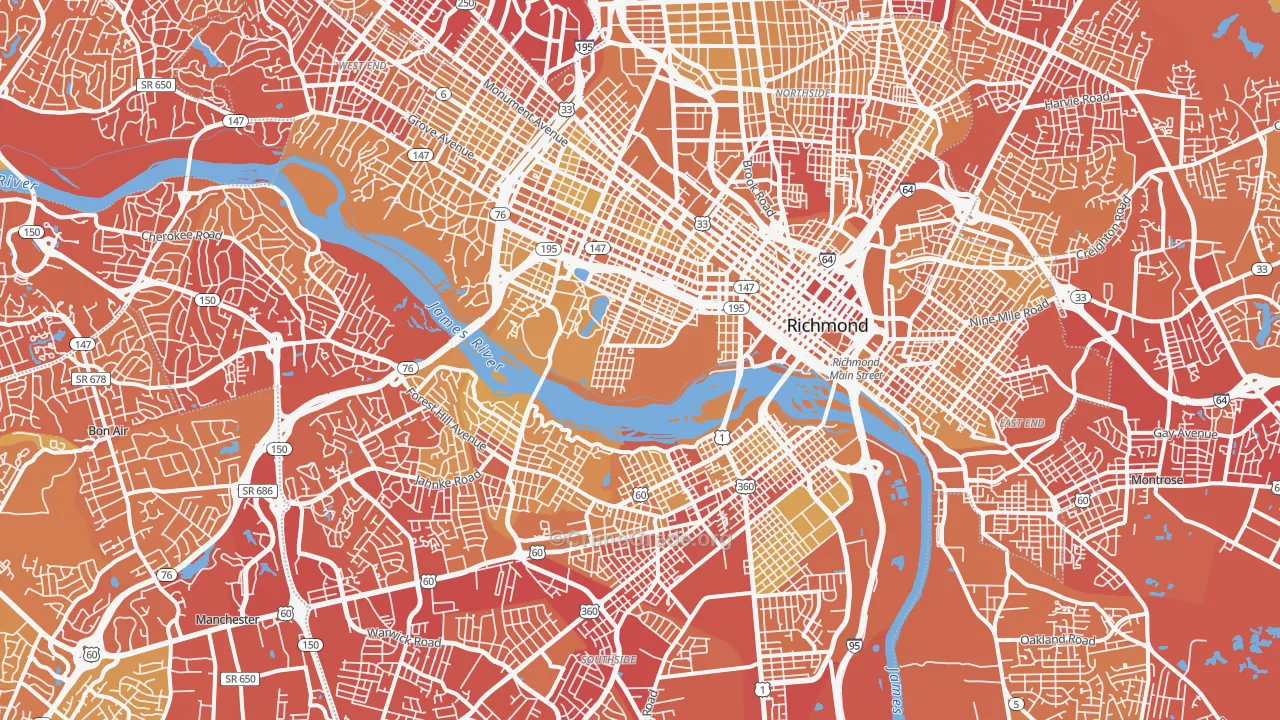 Richmond City, VA Map of Vehicle Theft Rates