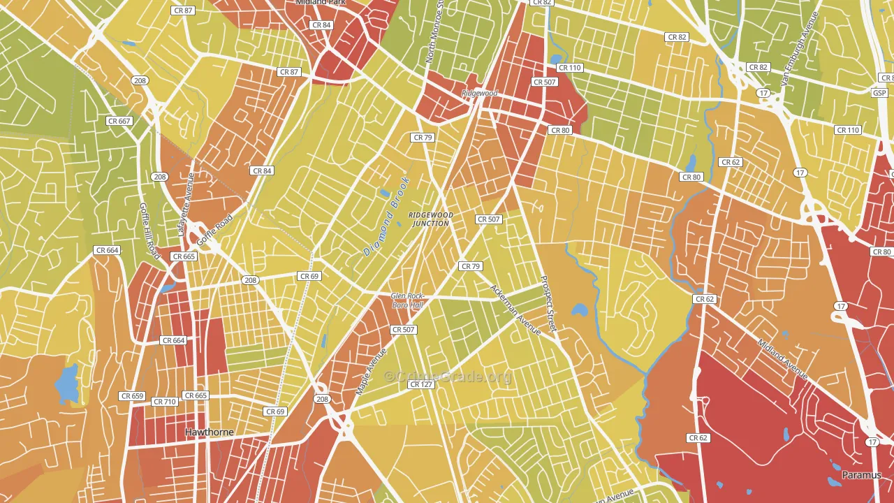 Ridgewood Junction, Glen Rock, NJ Map of Vehicle Theft Rates