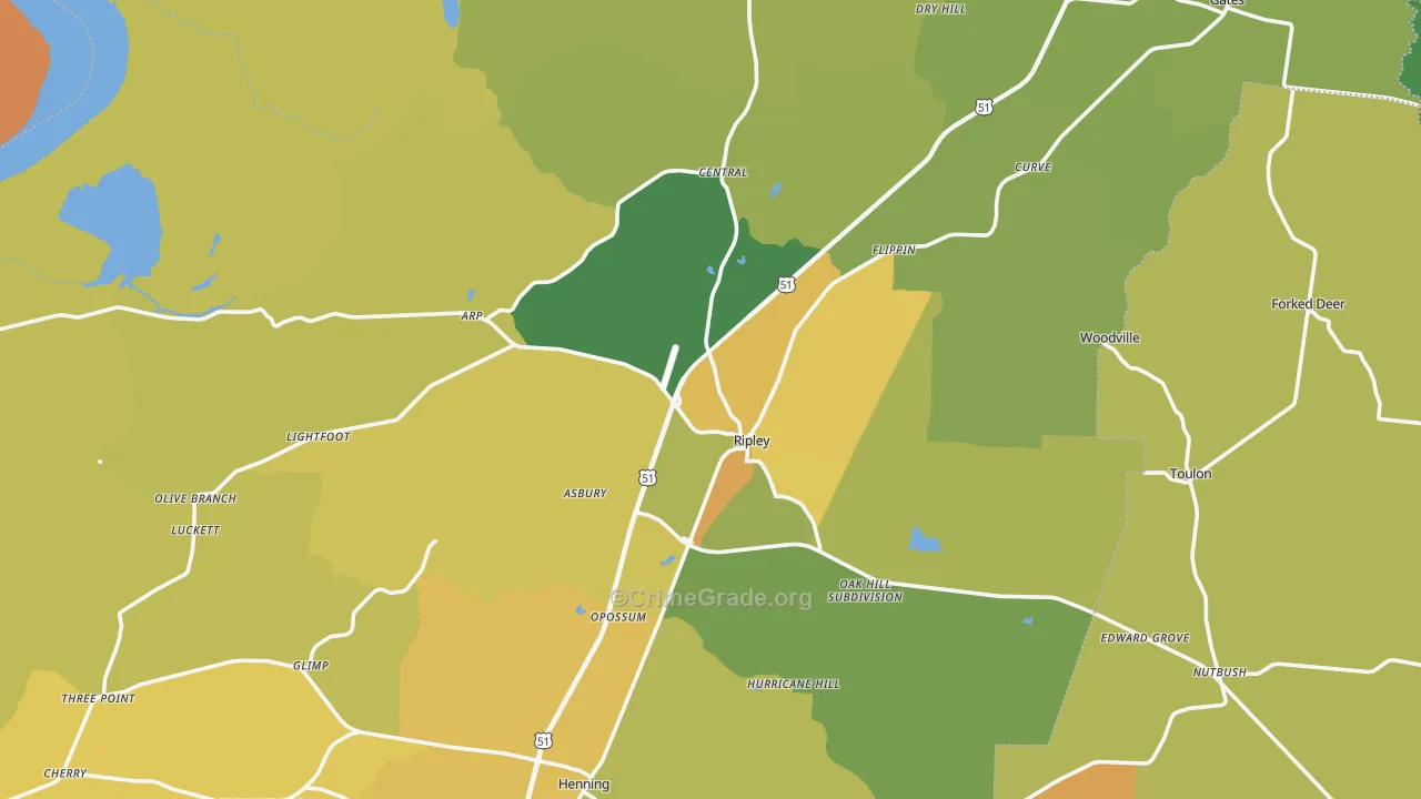 Ripley, TN Map of Vehicle Theft Rates