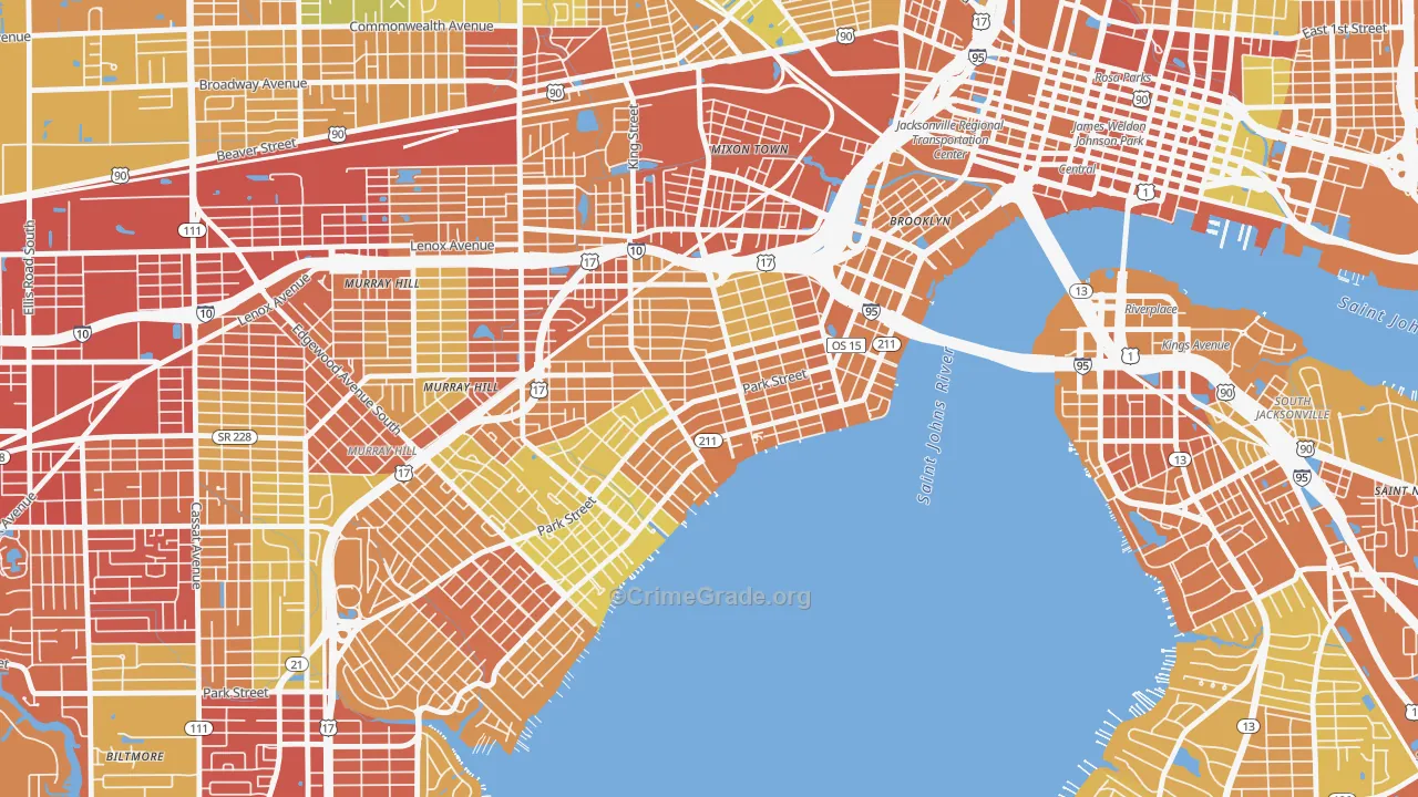 Riverside, Jacksonville, FL Map of Vehicle Theft Rates