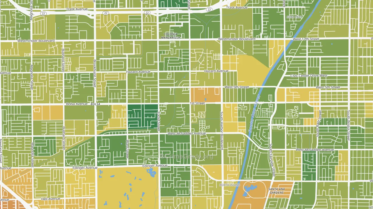 Riverview West, Santa Ana, CA Map of Vehicle Theft Rates