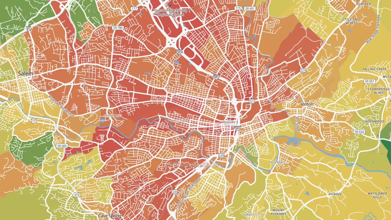 Roanoke City, VA Map of Vehicle Theft Rates