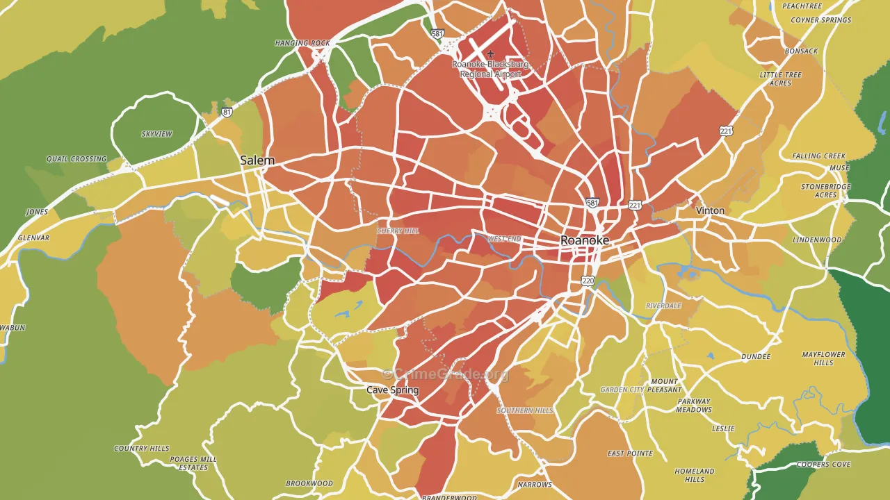 Roanoke County, VA Map of Vehicle Theft Rates