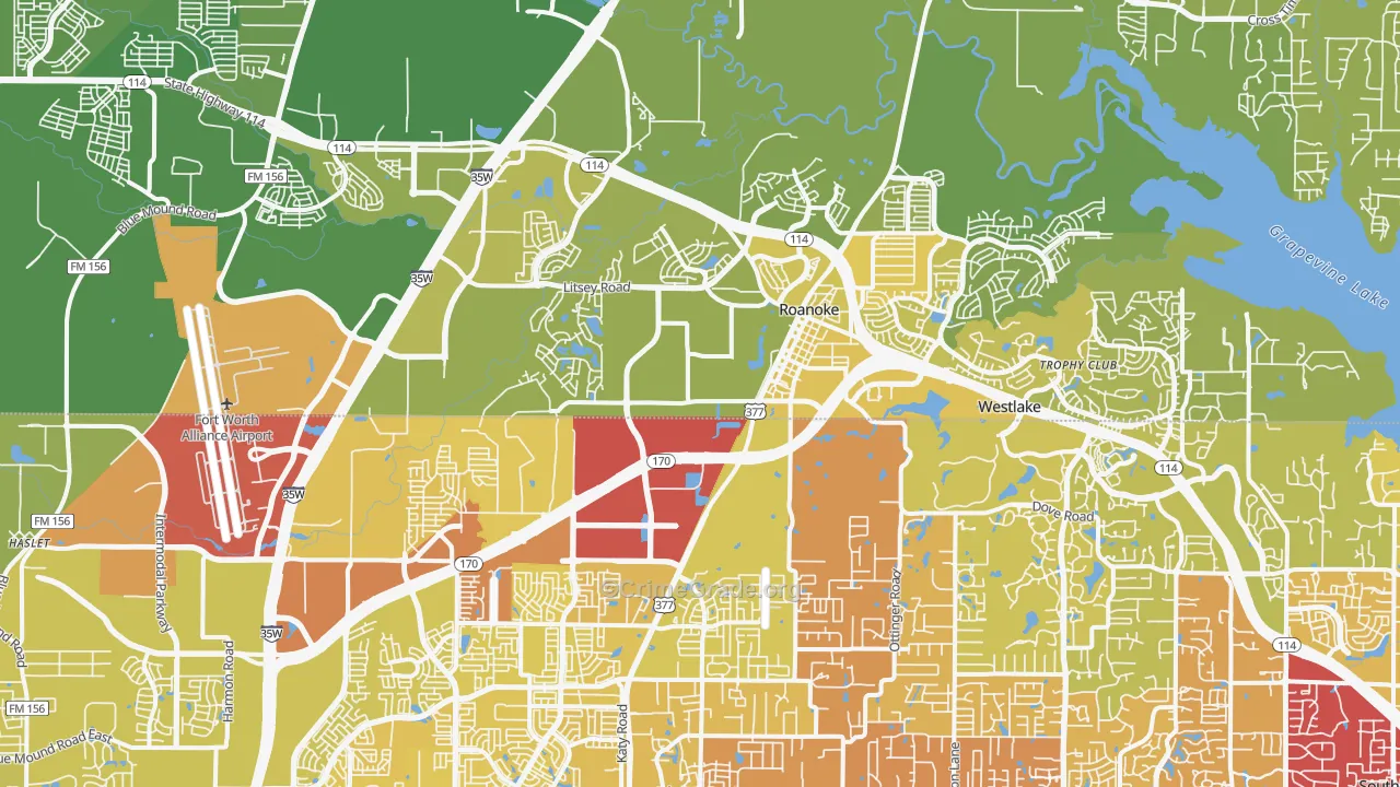 Roanoke, TX Map of Vehicle Theft Rates