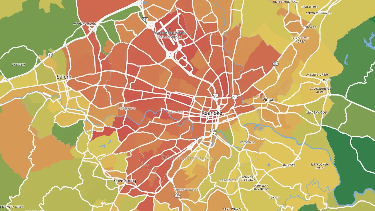 Roanoke, VA Map of Vehicle Theft Rates