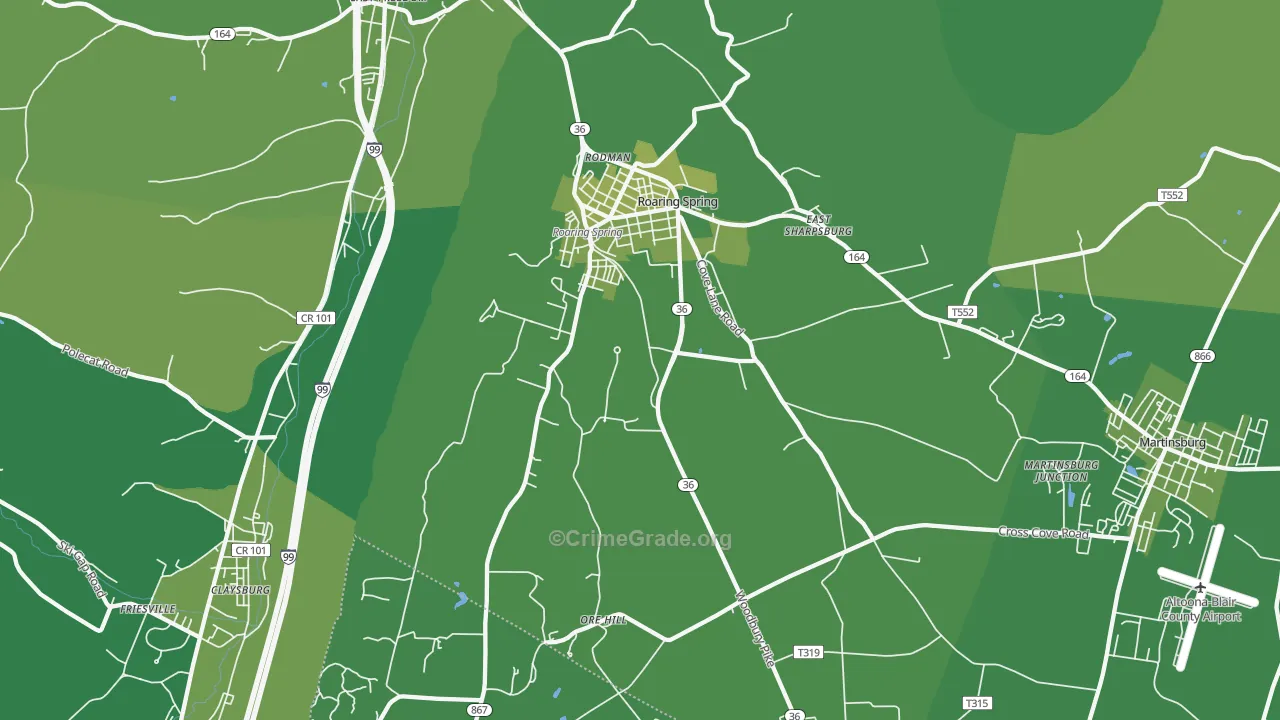 Roaring Spring, PA Map of Vehicle Theft Rates