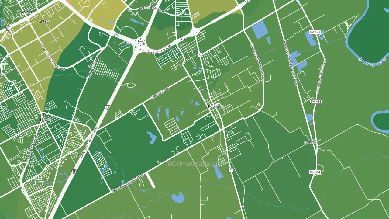 Robinson, TX Map of Vehicle Theft Rates