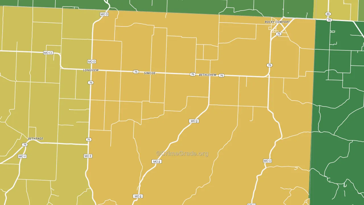 Rocky Comfort, MO Map of Vehicle Theft Rates