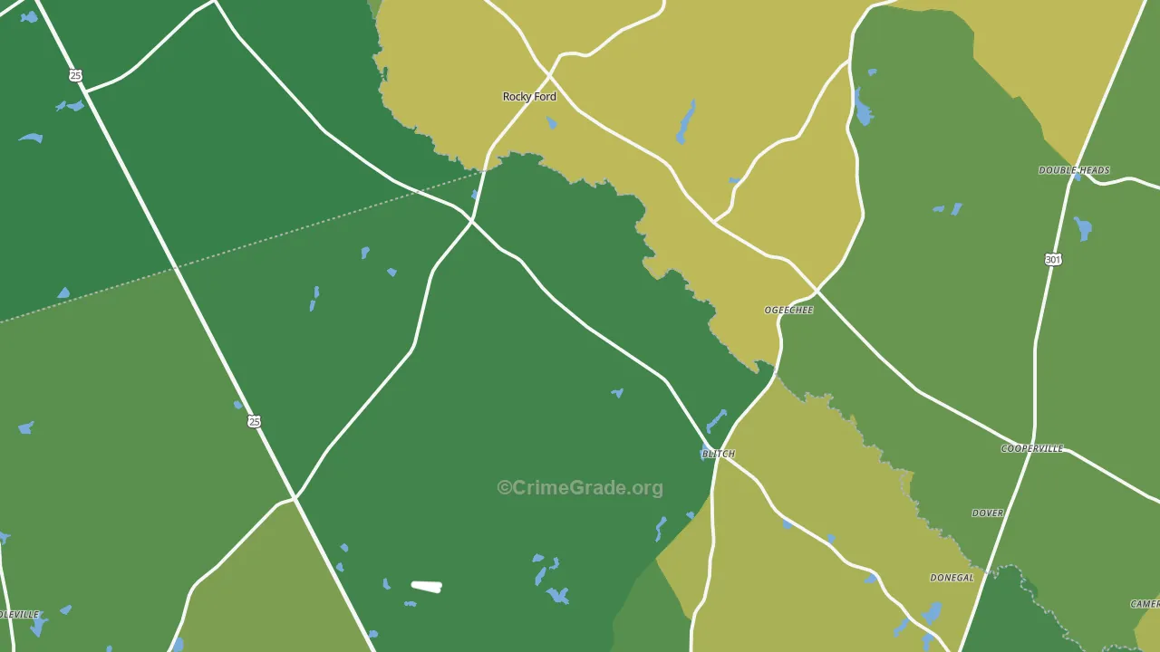 Rocky Ford, GA Map of Vehicle Theft Rates