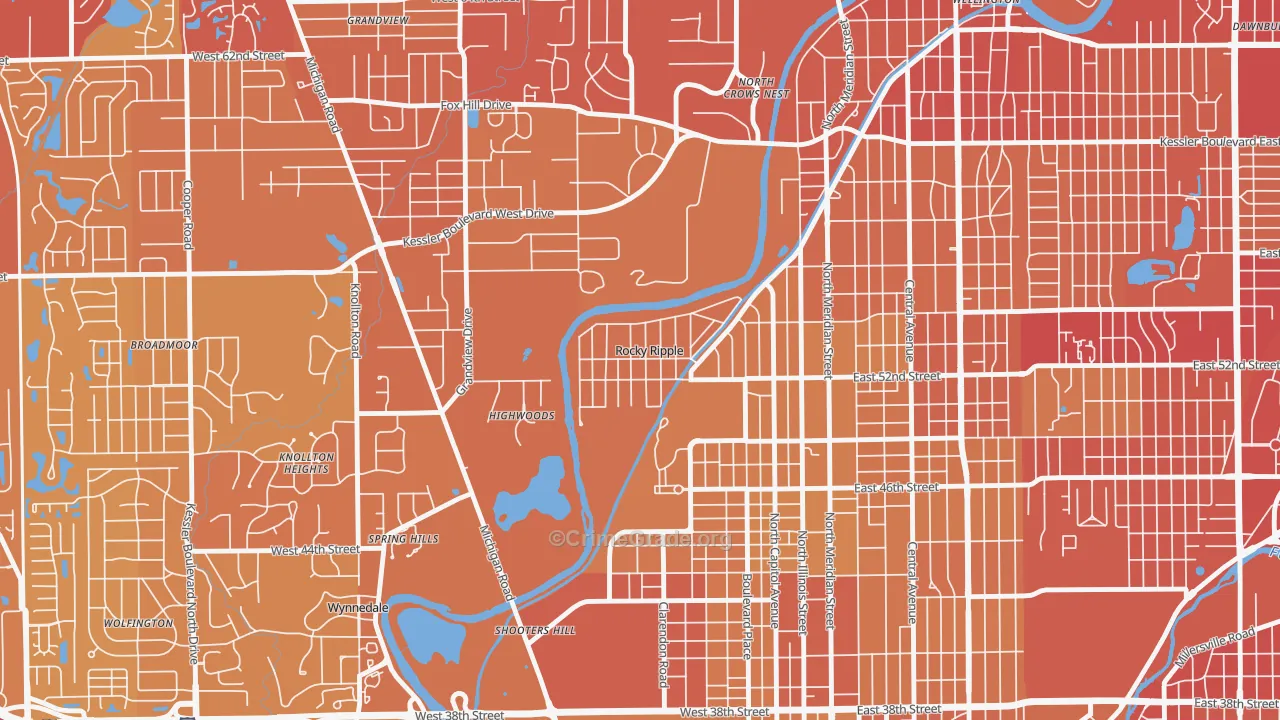 Rocky Ripple, IN Map of Vehicle Theft Rates