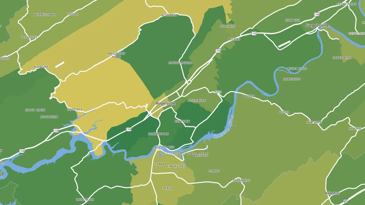 Rogersville, TN Map of Vehicle Theft Rates