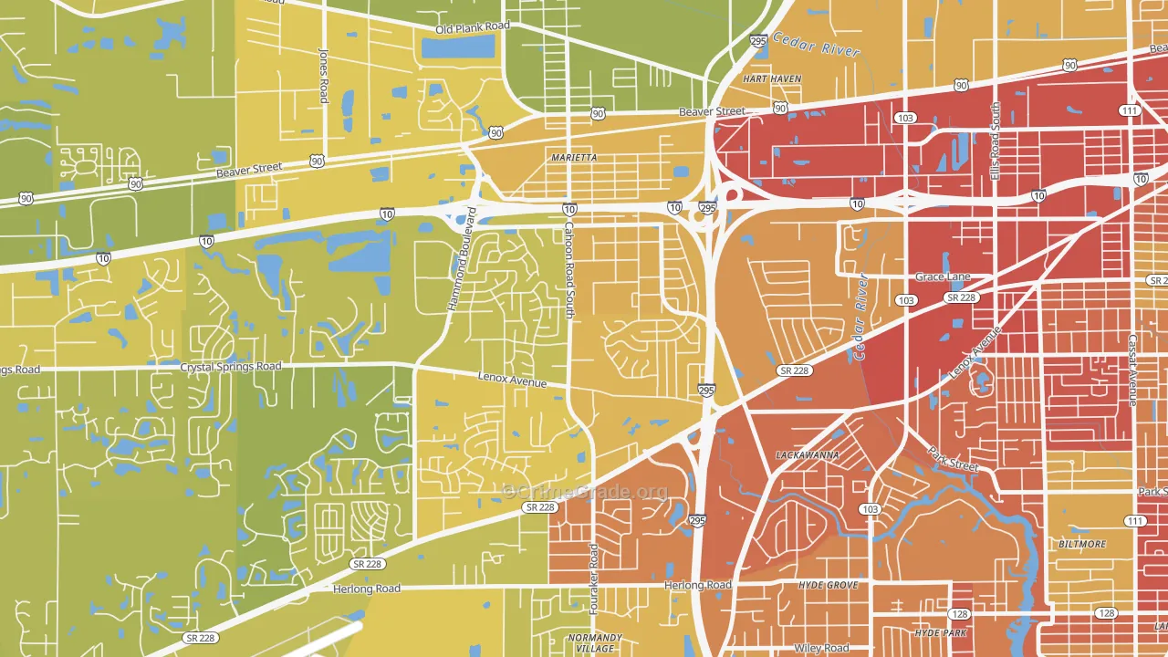 Rolling Hills, Jacksonville, FL Map of Vehicle Theft Rates