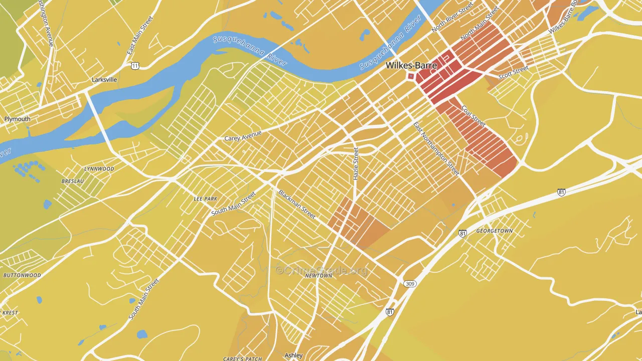 Rolling Mill Hill, Wilkes-Barre, PA Map of Vehicle Theft Rates