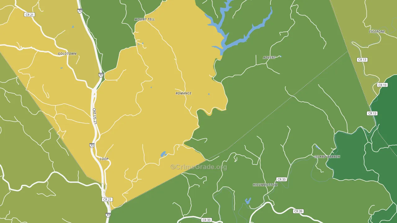 Romance, WV Map of Vehicle Theft Rates
