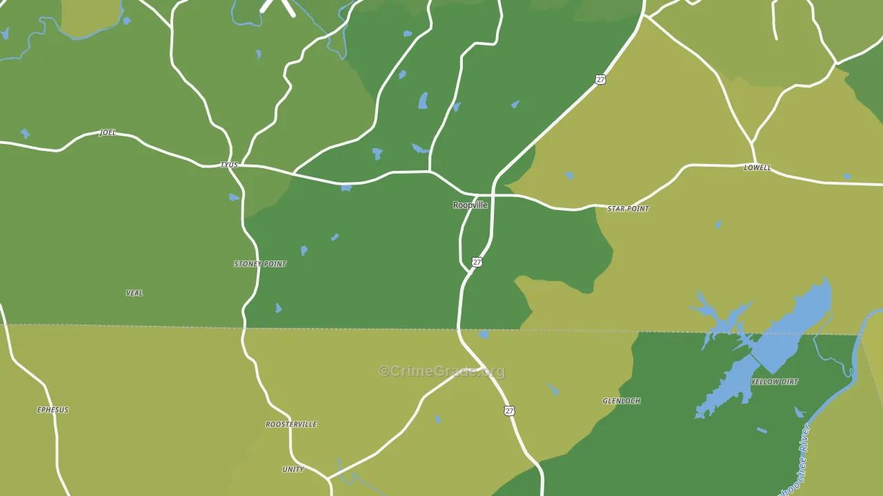 Roopville, GA Map of Vehicle Theft Rates