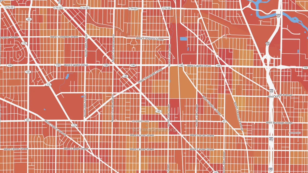Roosevelt Grove, Milwaukee, WI Map of Vehicle Theft Rates