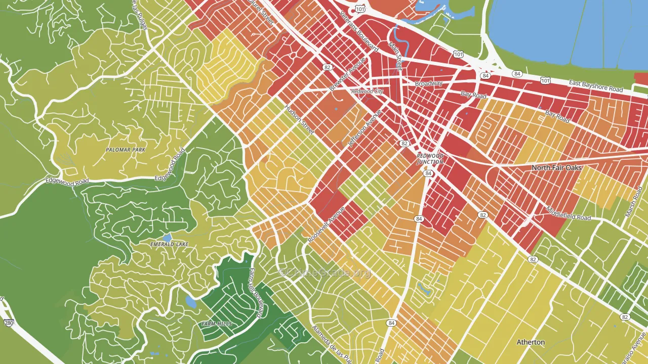 Roosevelt-San Francisco, Redwood City, CA Map of Vehicle Theft Rates