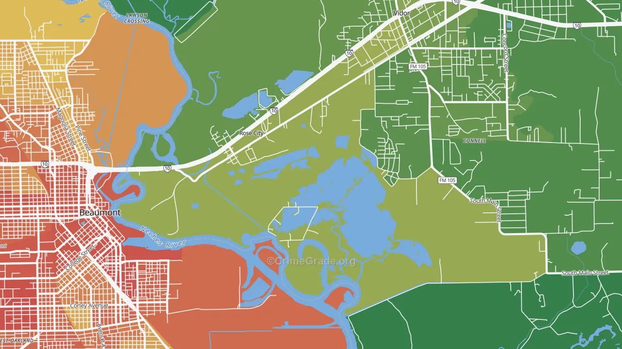 Rose City, TX Map of Vehicle Theft Rates