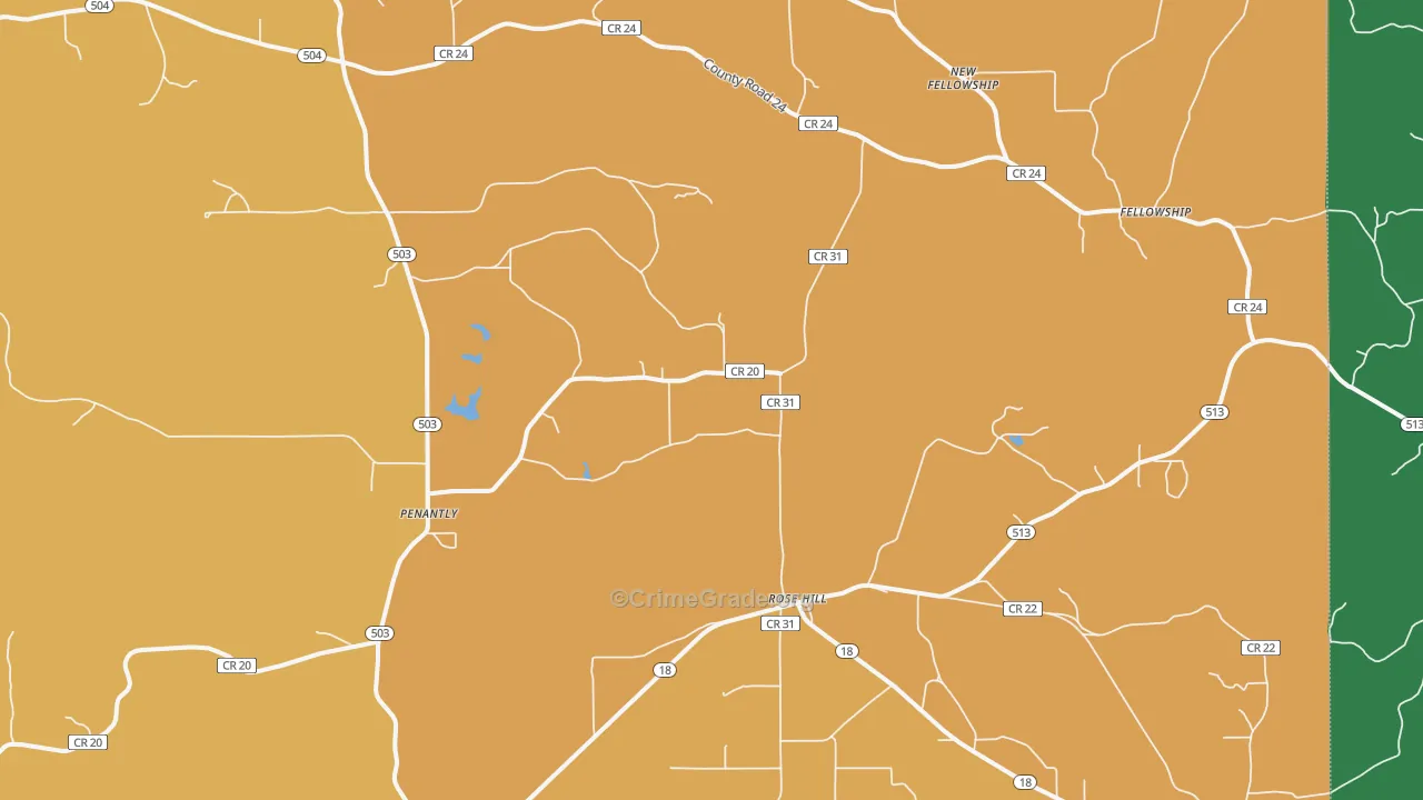 Rose Hill, MS Map of Vehicle Theft Rates