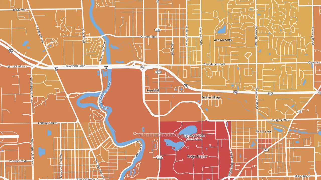 Roseland, IN Map of Vehicle Theft Rates
