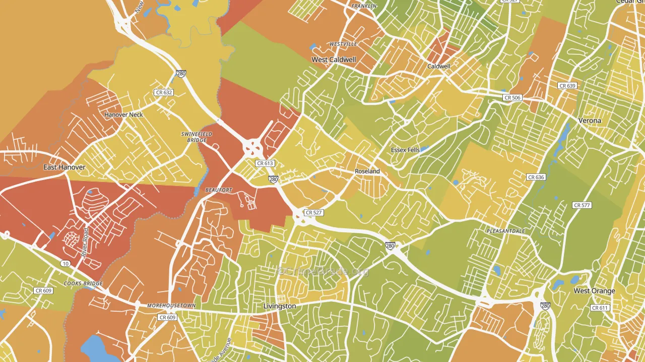Roseland, NJ Map of Vehicle Theft Rates