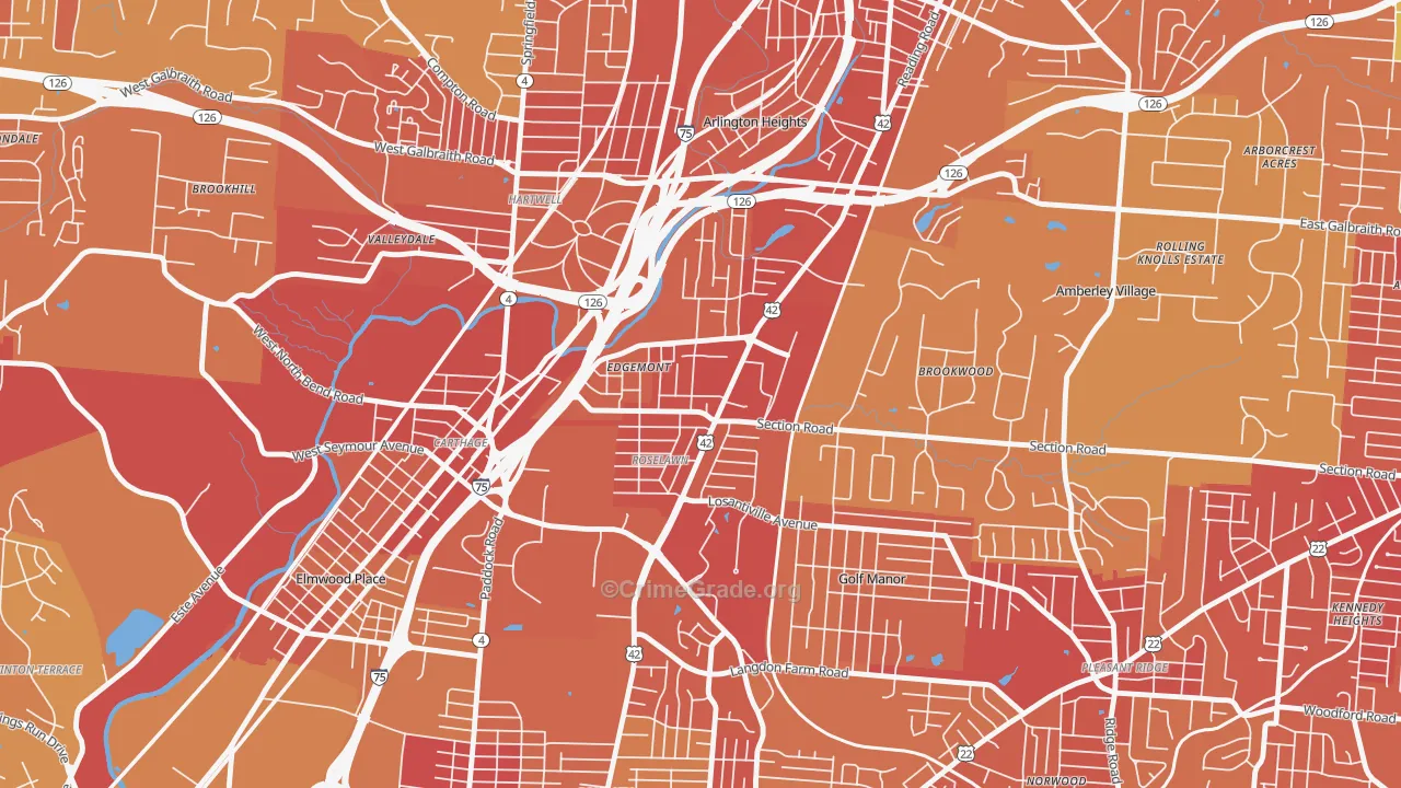 Roselawn, Cincinnati, OH Map of Vehicle Theft Rates