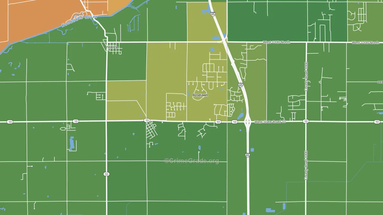 Roselawn, IN Map of Vehicle Theft Rates