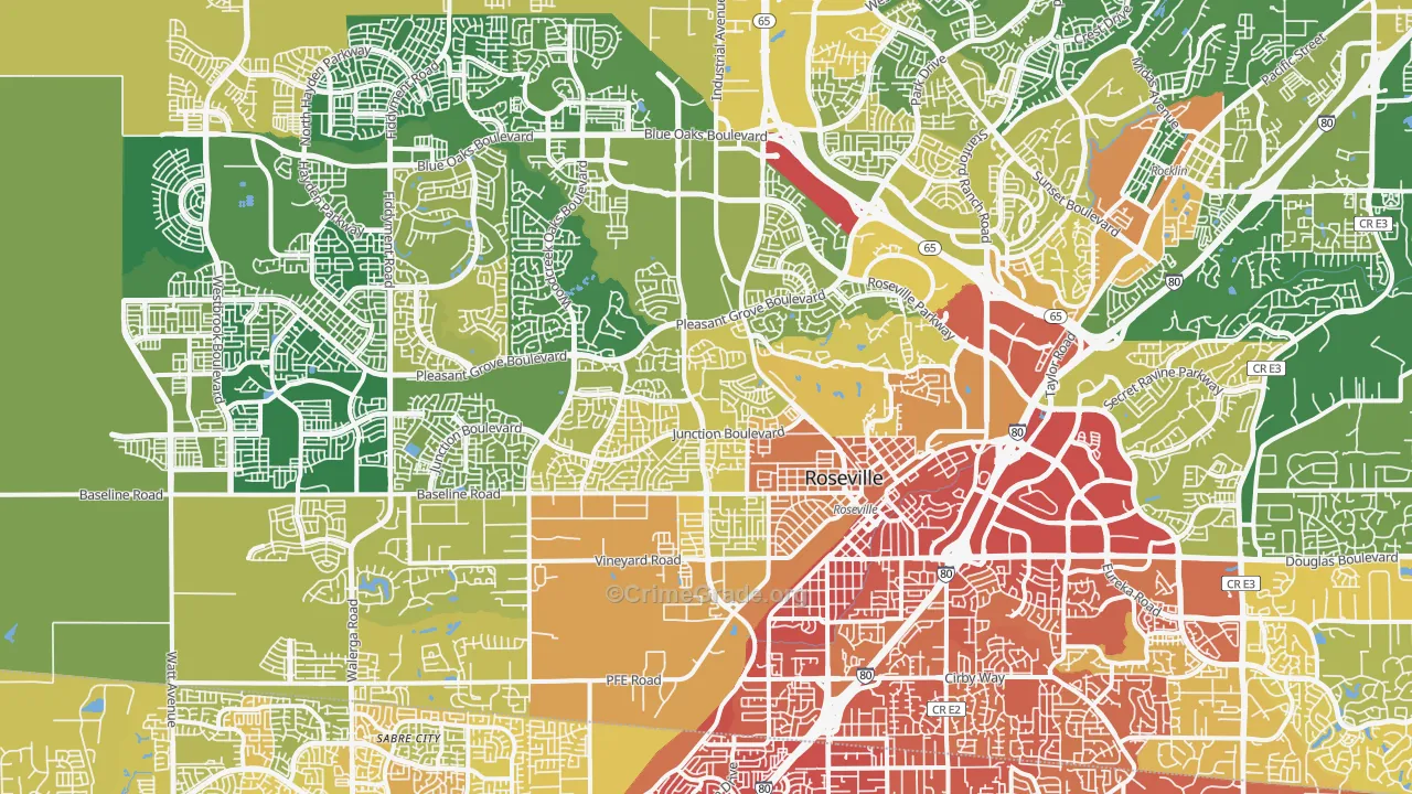 Roseville, CA Map of Vehicle Theft Rates