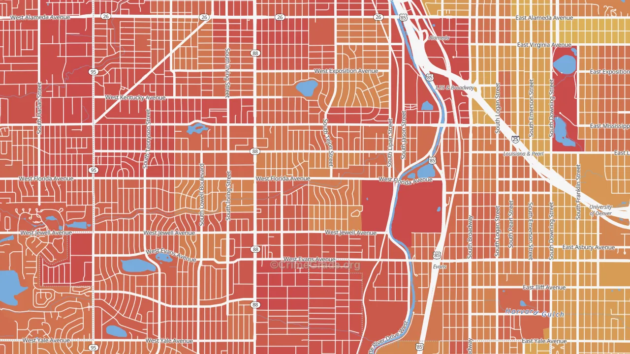 Ruby Hill, Denver, CO Map of Vehicle Theft Rates