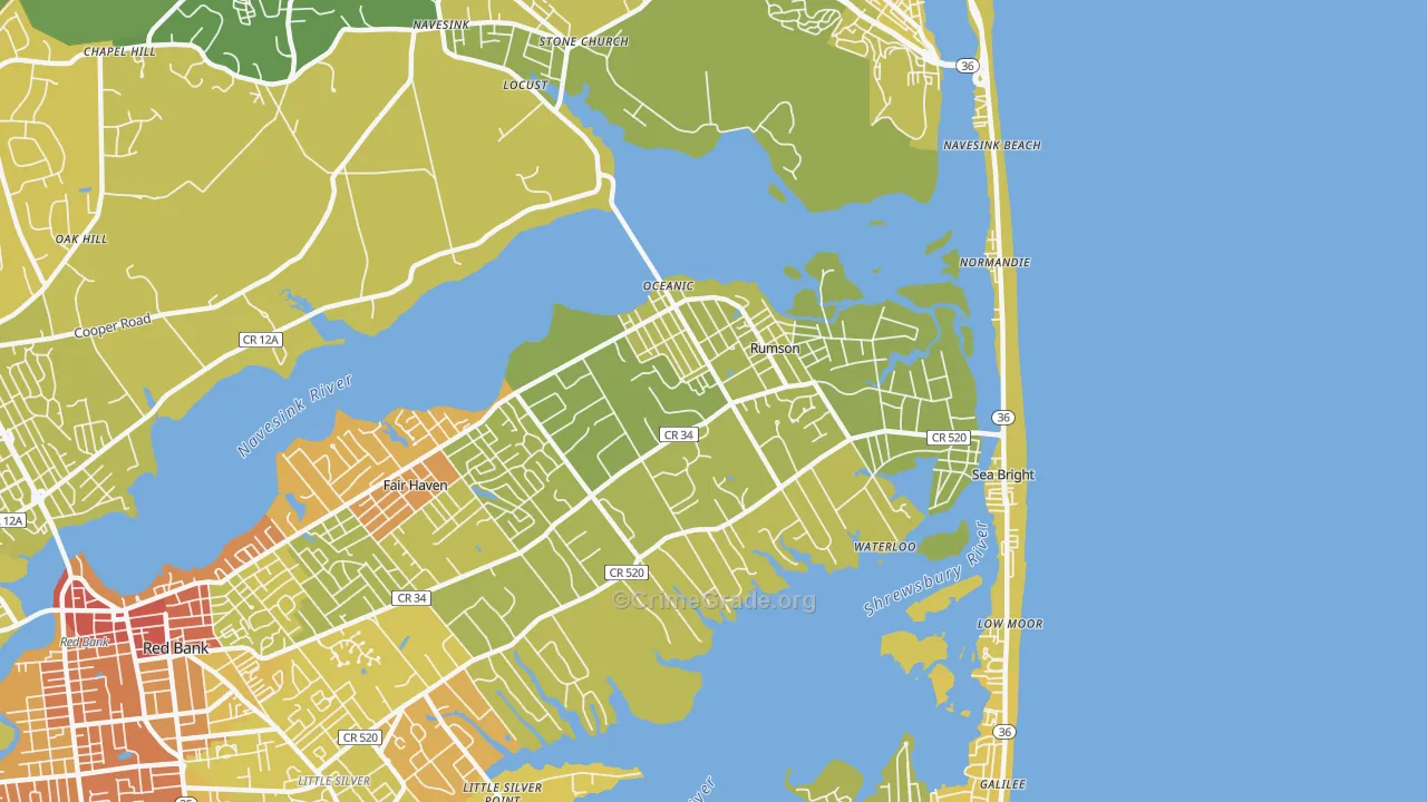 Rumson, NJ Map of Vehicle Theft Rates