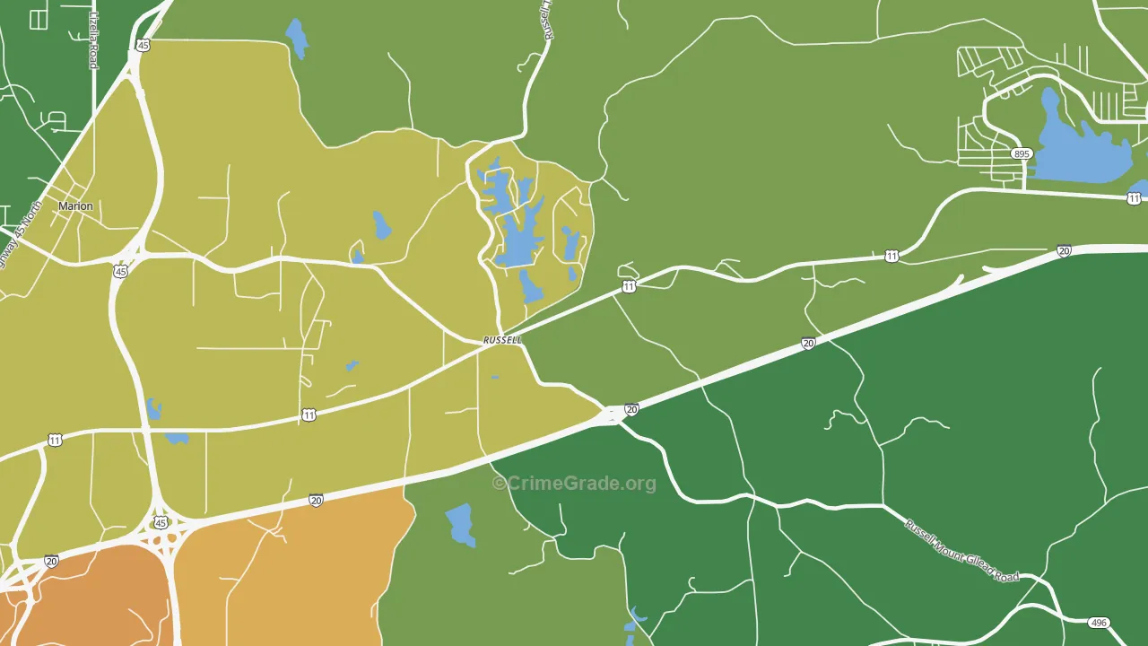 Russell, MS Map of Vehicle Theft Rates