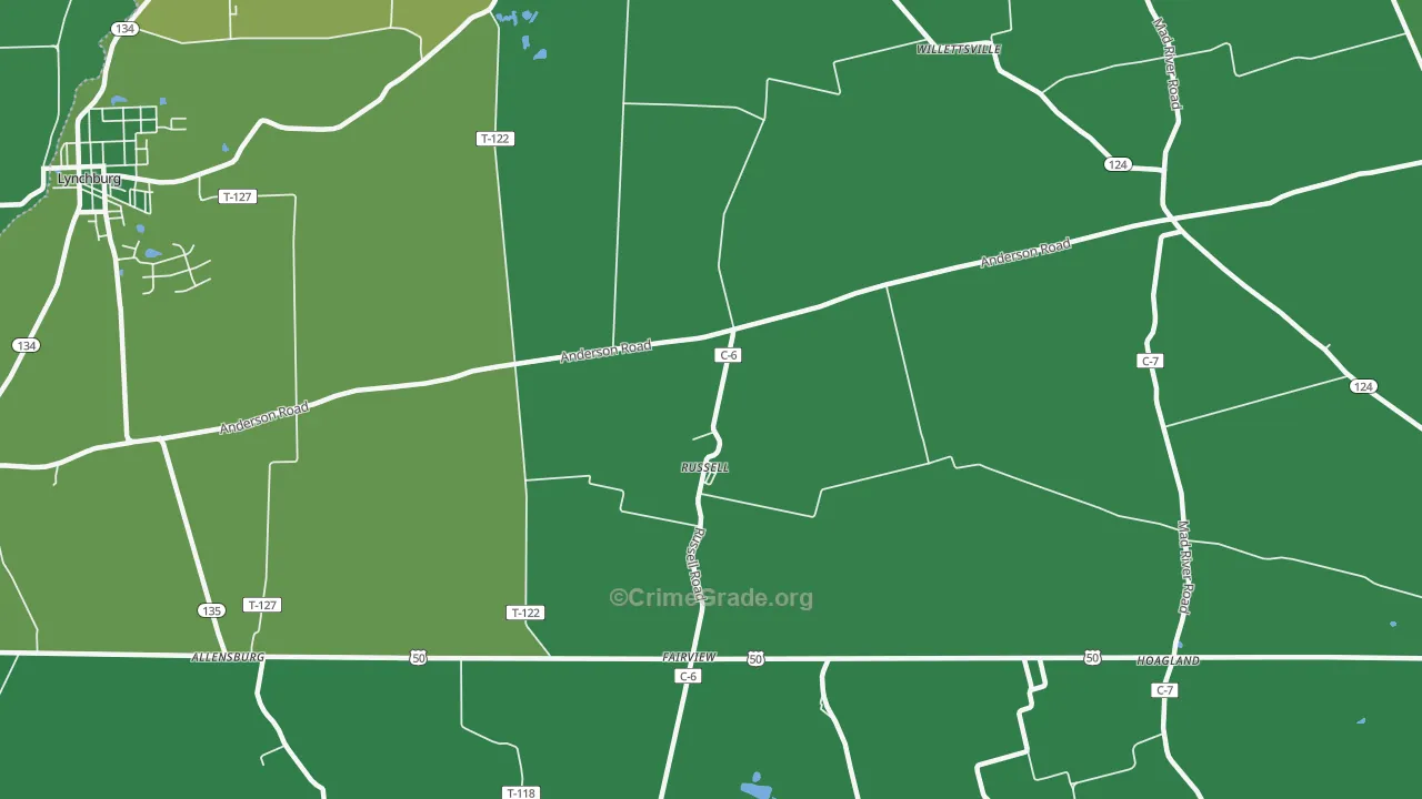 Russell, OH Map of Vehicle Theft Rates