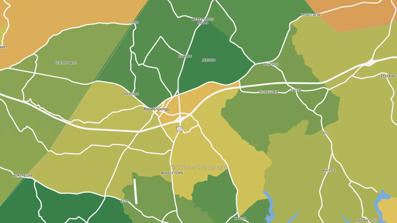 Russell Springs, KY Map of Vehicle Theft Rates