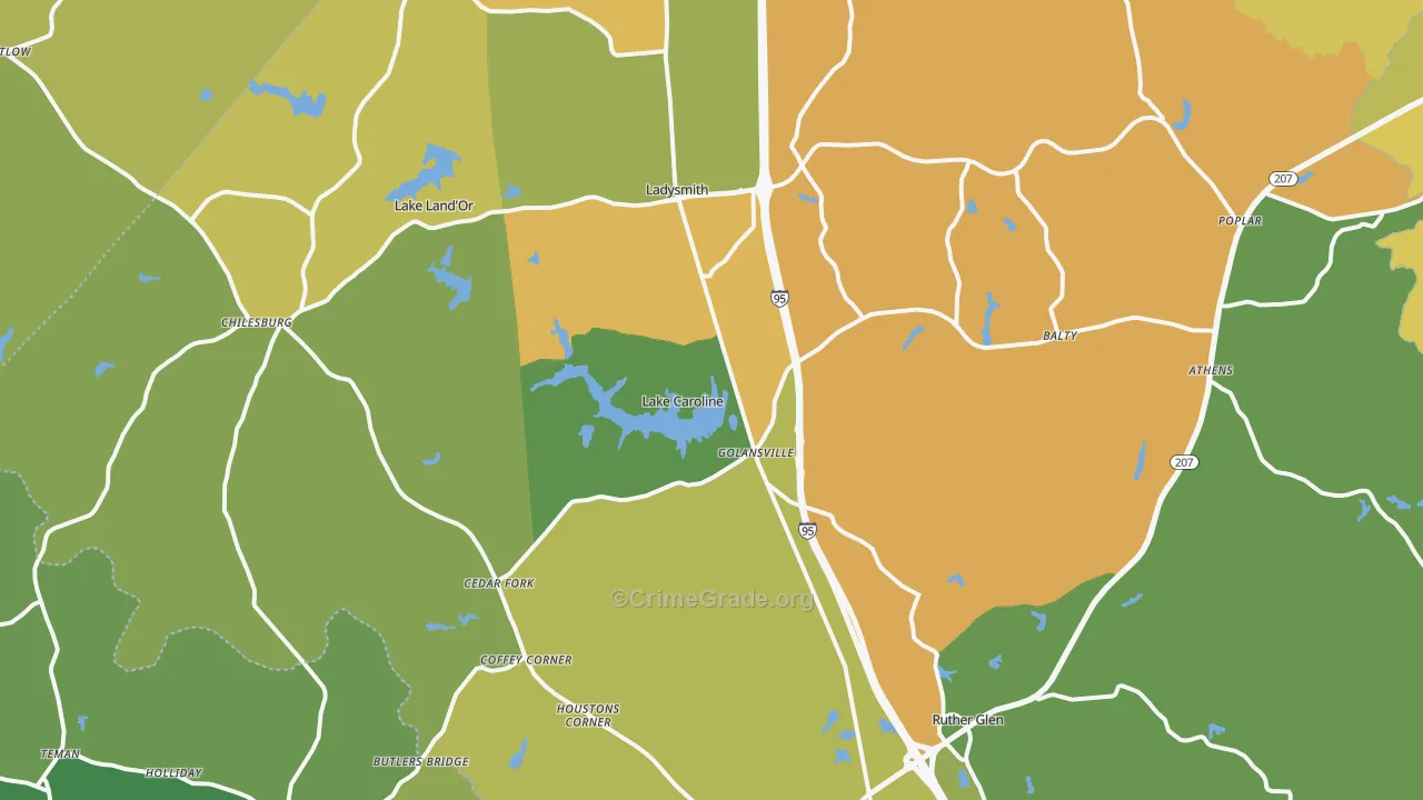 Ruther Glen, VA Map of Vehicle Theft Rates