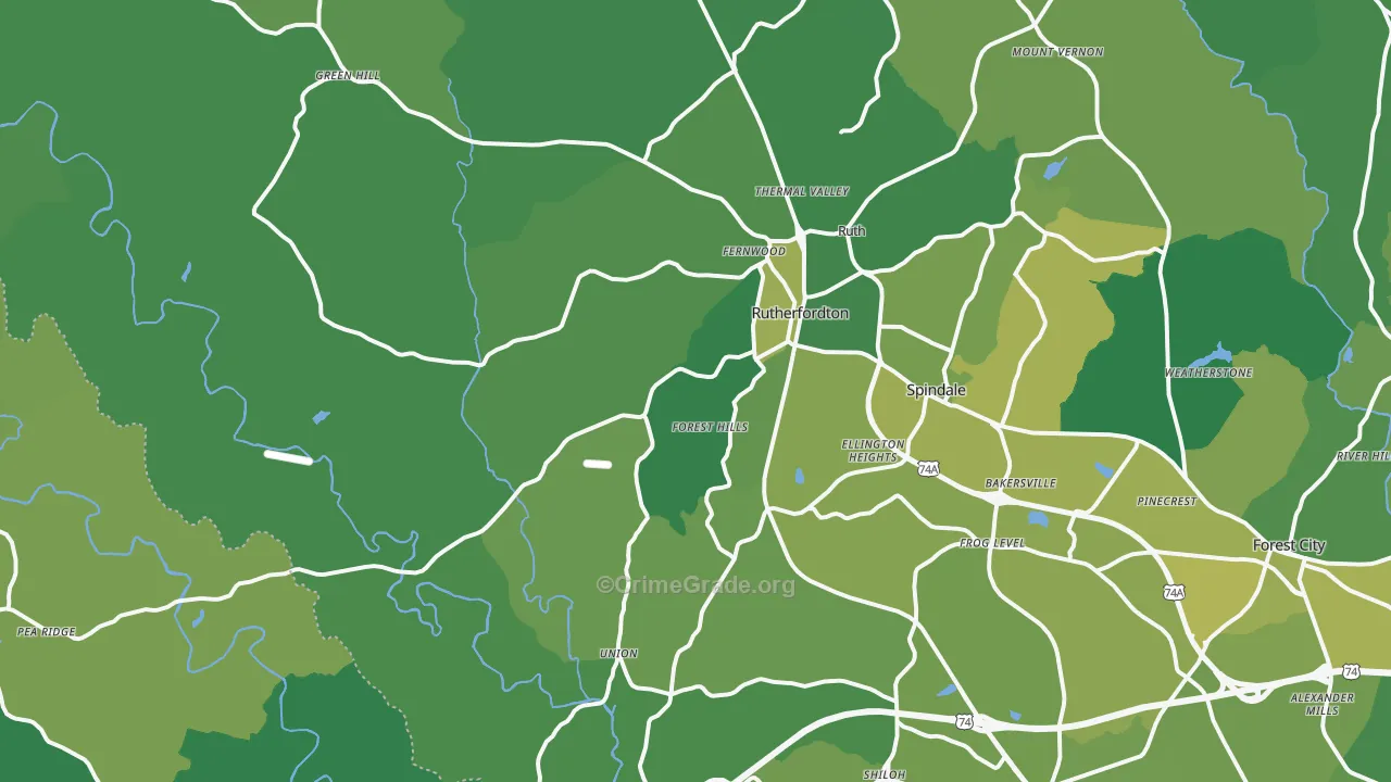 Rutherfordton, NC Map of Vehicle Theft Rates
