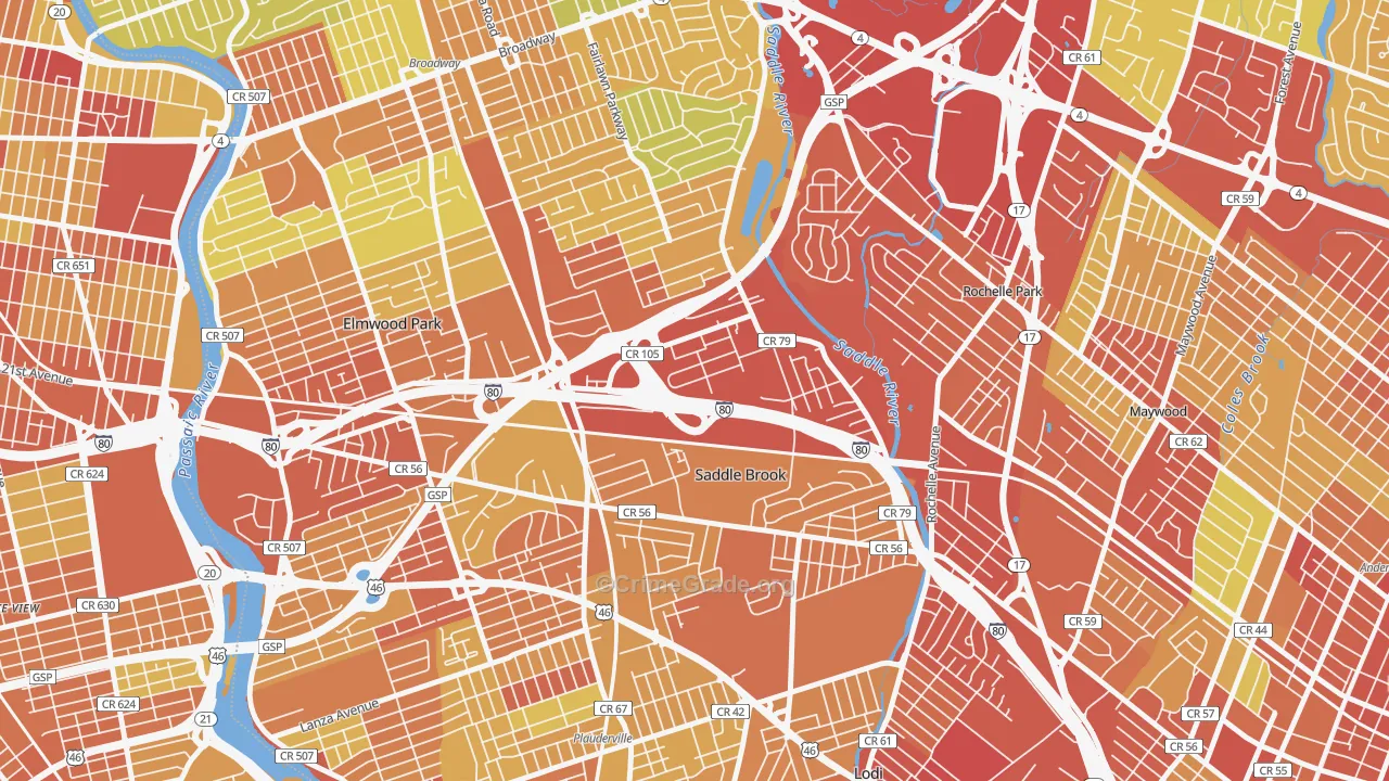 Saddle Brook, NJ Map of Vehicle Theft Rates