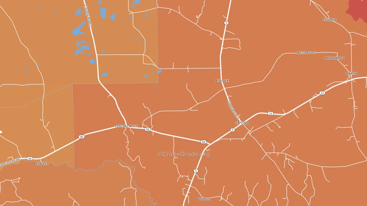 Safford, AL Map of Vehicle Theft Rates