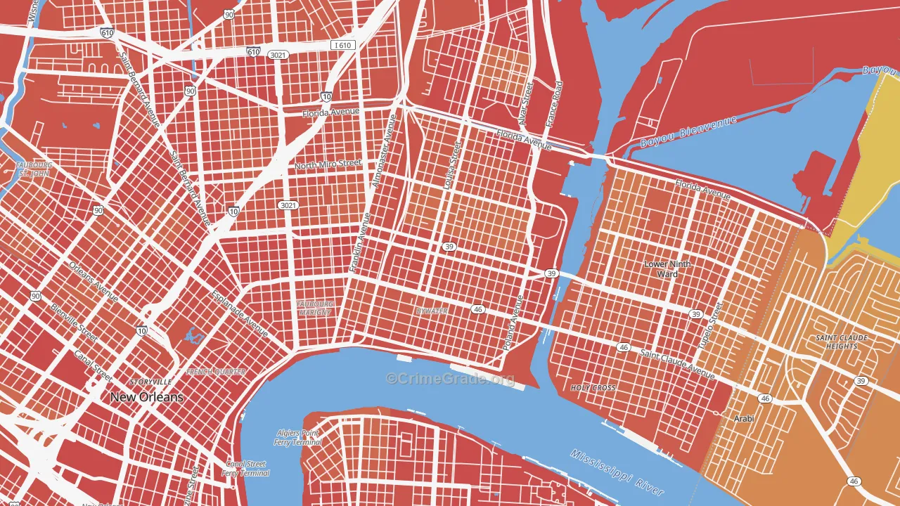 Saint Claude, New Orleans, LA Map of Vehicle Theft Rates