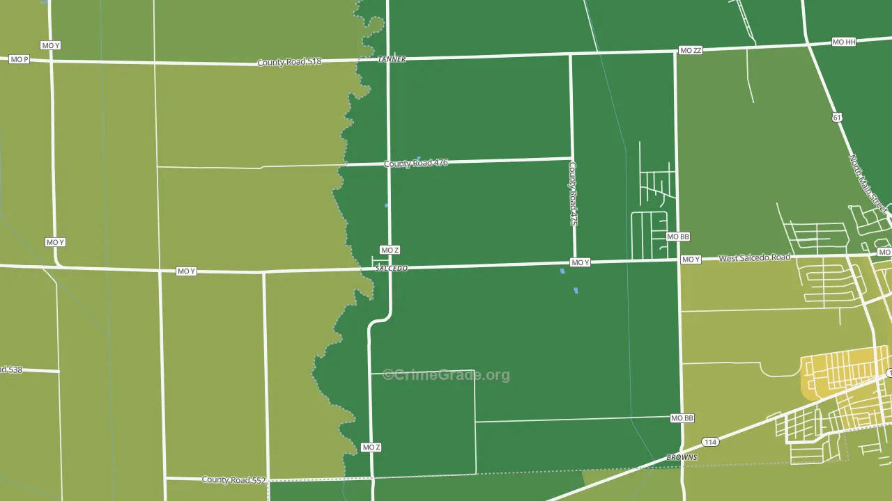 Salcedo, MO Map of Vehicle Theft Rates
