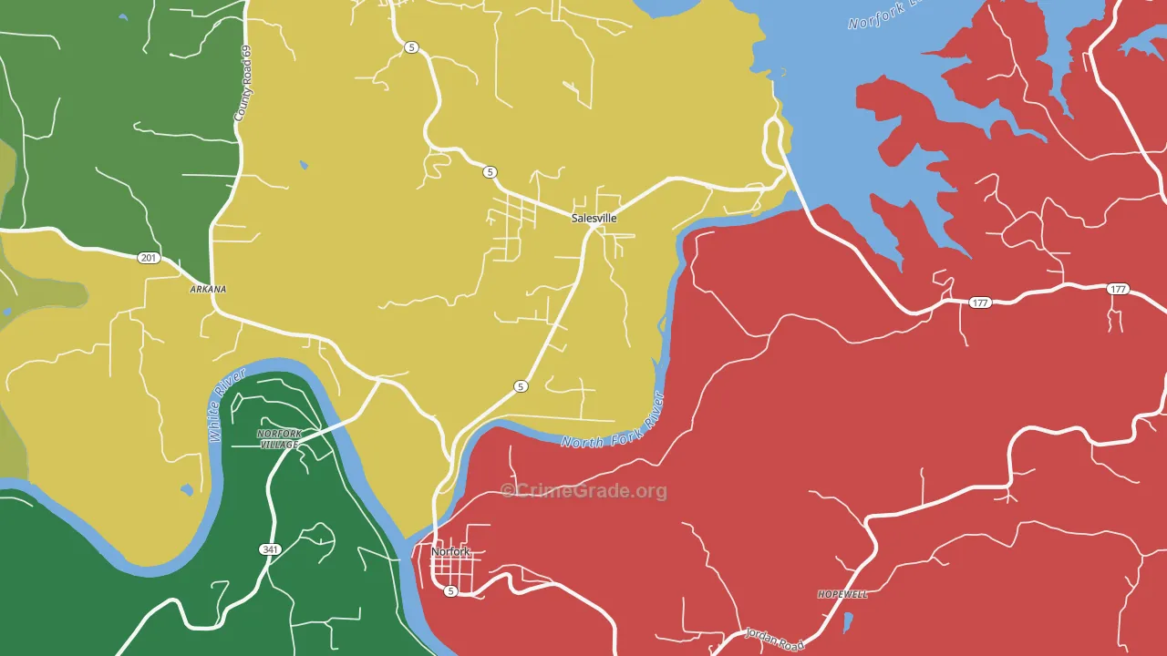Salesville, AR Map of Vehicle Theft Rates