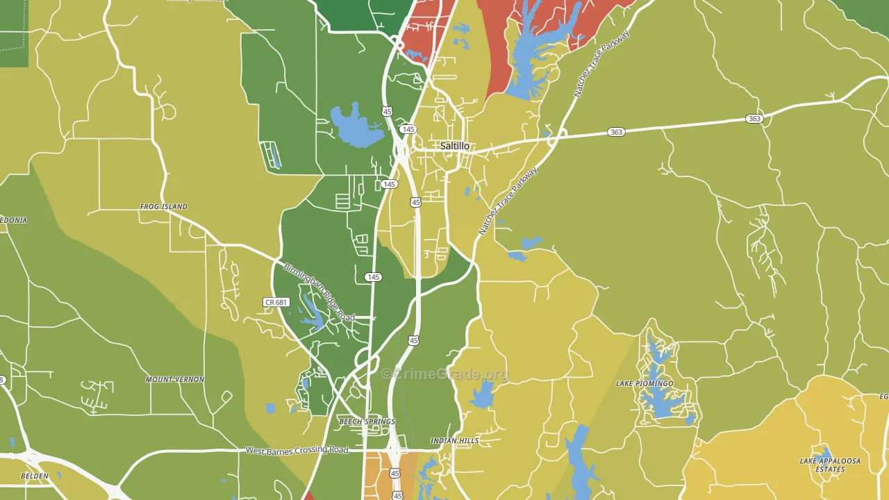 Saltillo, MS Map of Vehicle Theft Rates