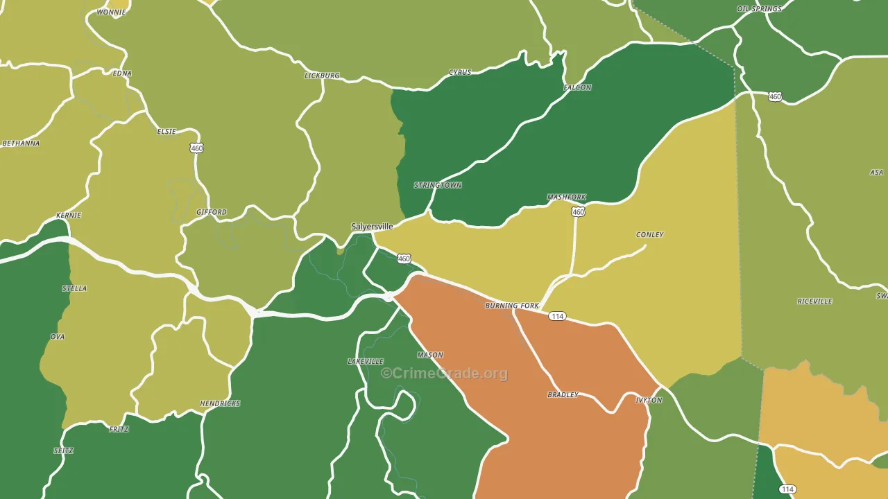 Salyersville, KY Map of Vehicle Theft Rates