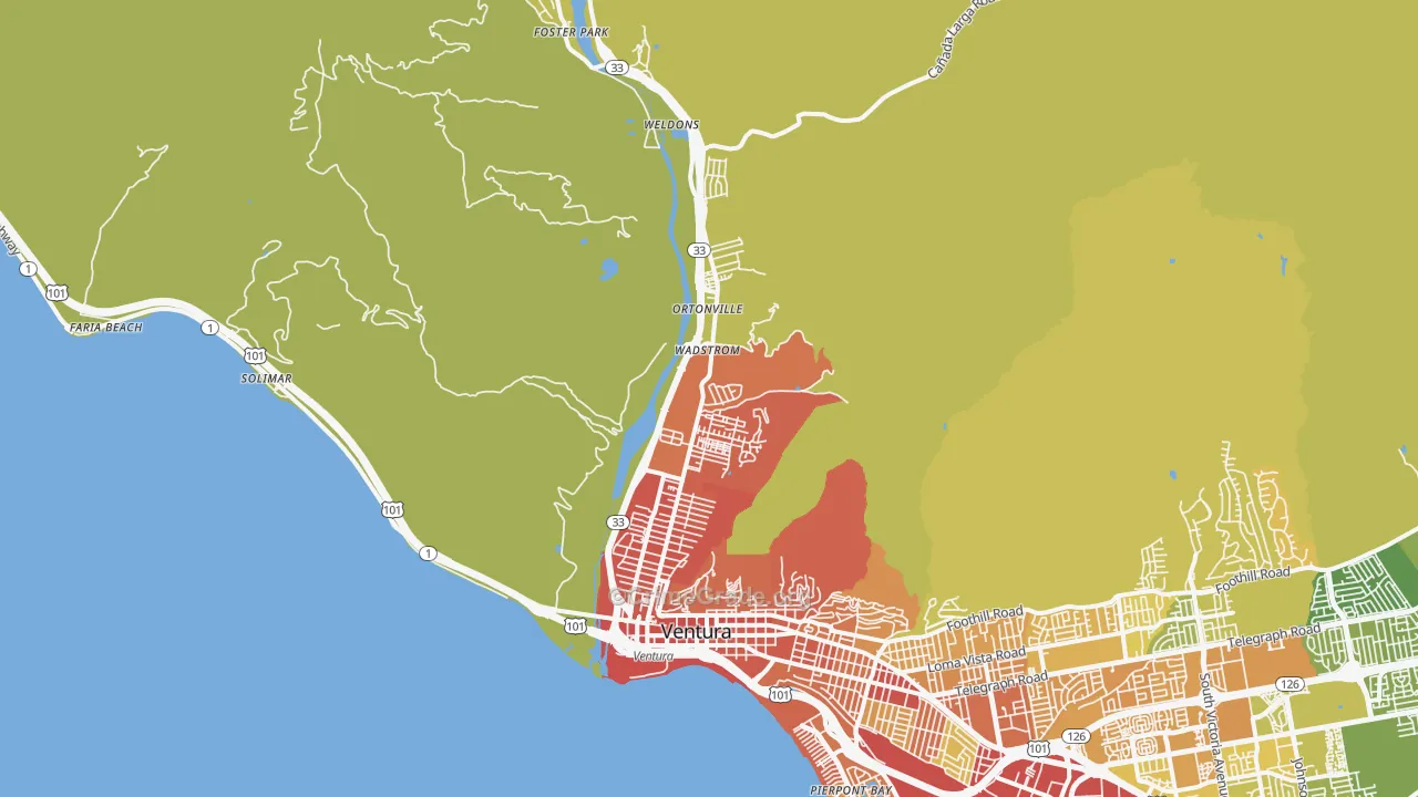 San Buenaventura, CA Map of Vehicle Theft Rates