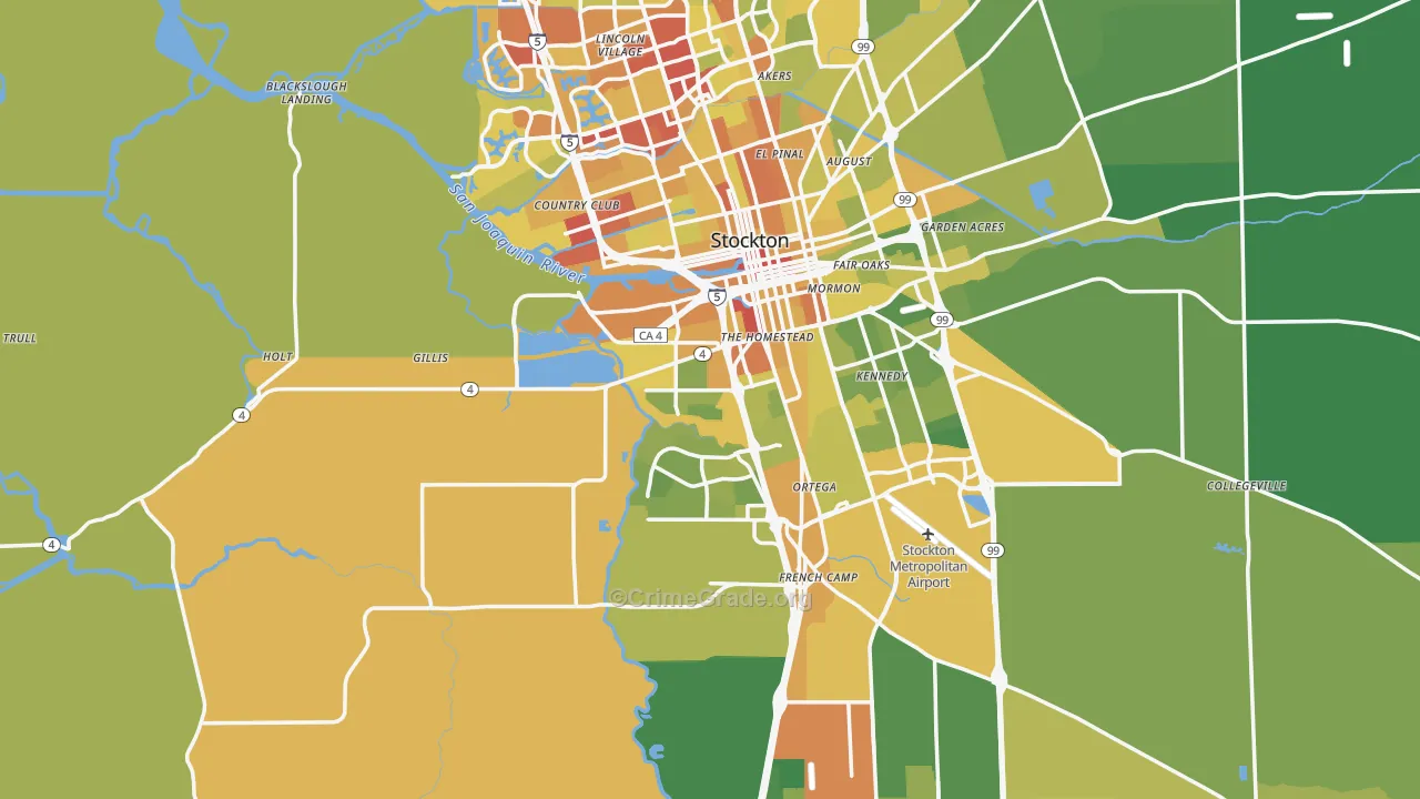 San Joaquin County, CA Map of Vehicle Theft Rates