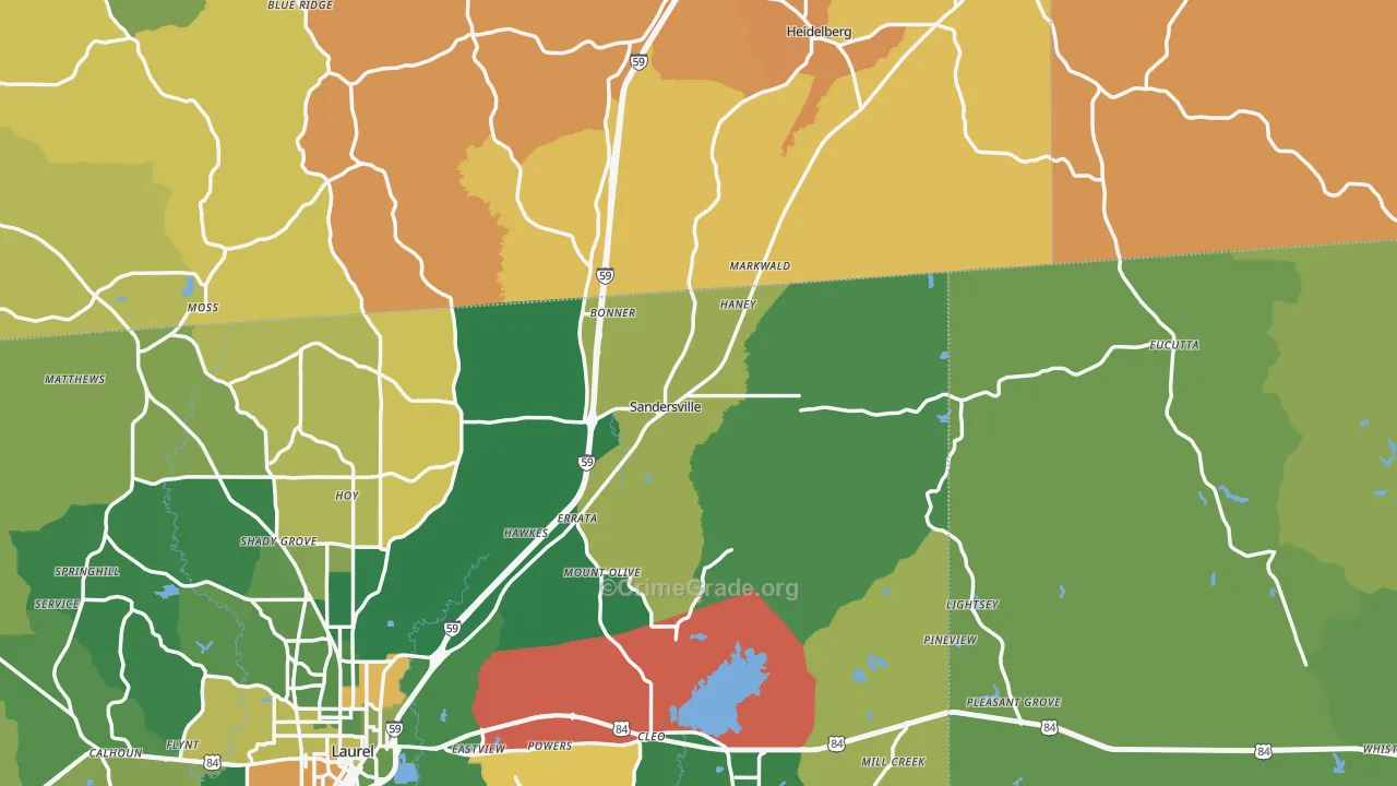Sandersville, MS Map of Vehicle Theft Rates