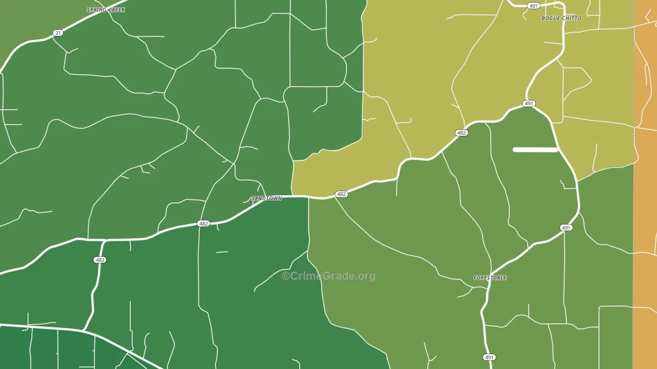 Sandtown, MS Map of Vehicle Theft Rates