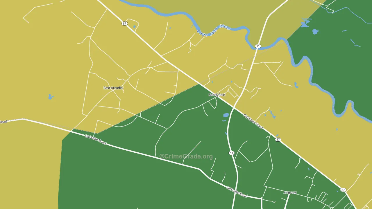 Sandyfield, NC Map of Vehicle Theft Rates