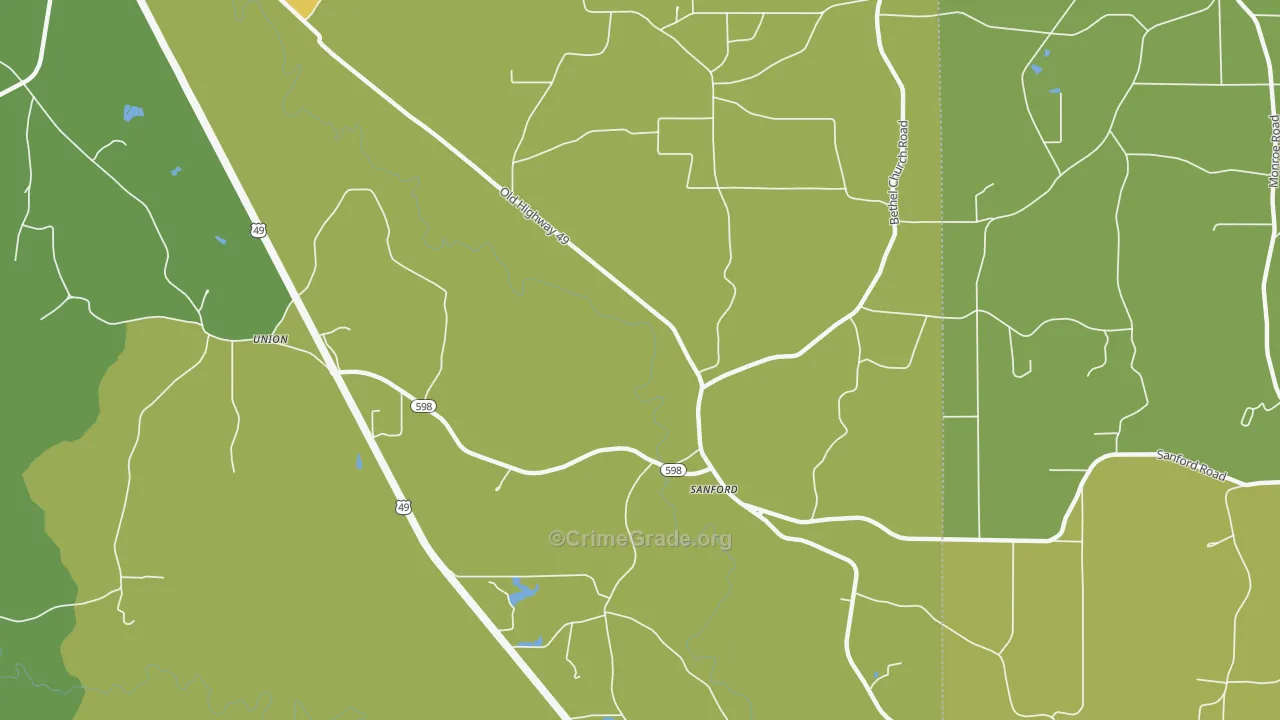 Sanford, MS Map of Vehicle Theft Rates