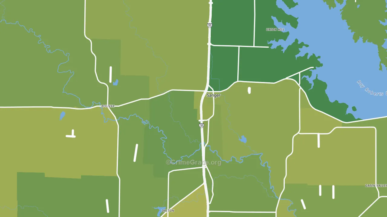Sanger, TX Map of Vehicle Theft Rates